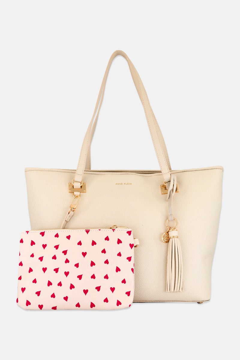 ANNE KLEIN Women Brand Logo Tote Bag with Pouch, Off White - Image 1